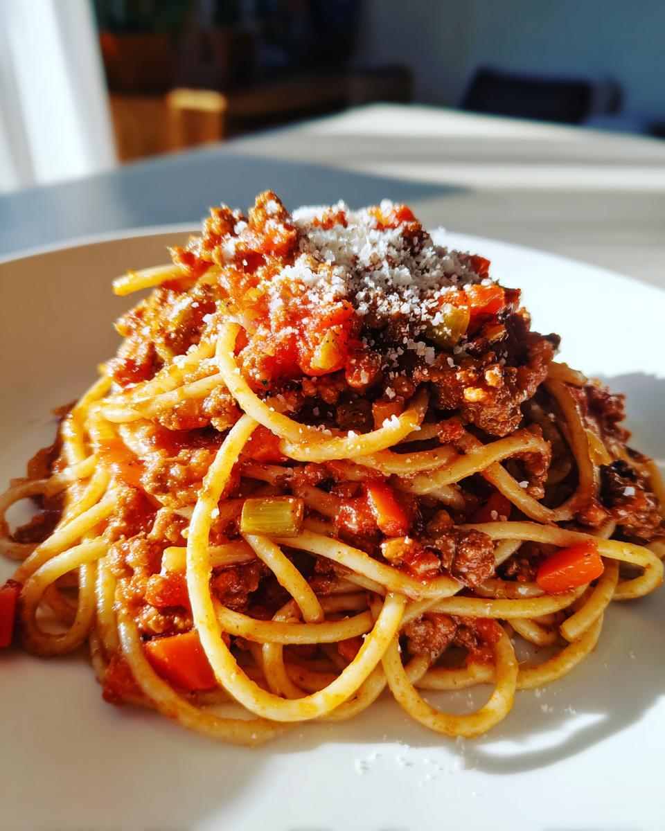 A close-up of a plate piled high with Spaghetti Bolognese, topped with grated Parmesan cheese.