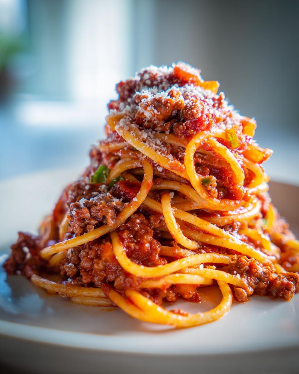 A generous portion of hearty Spaghetti Bolognese, topped with grated Parmesan cheese and fresh herbs.