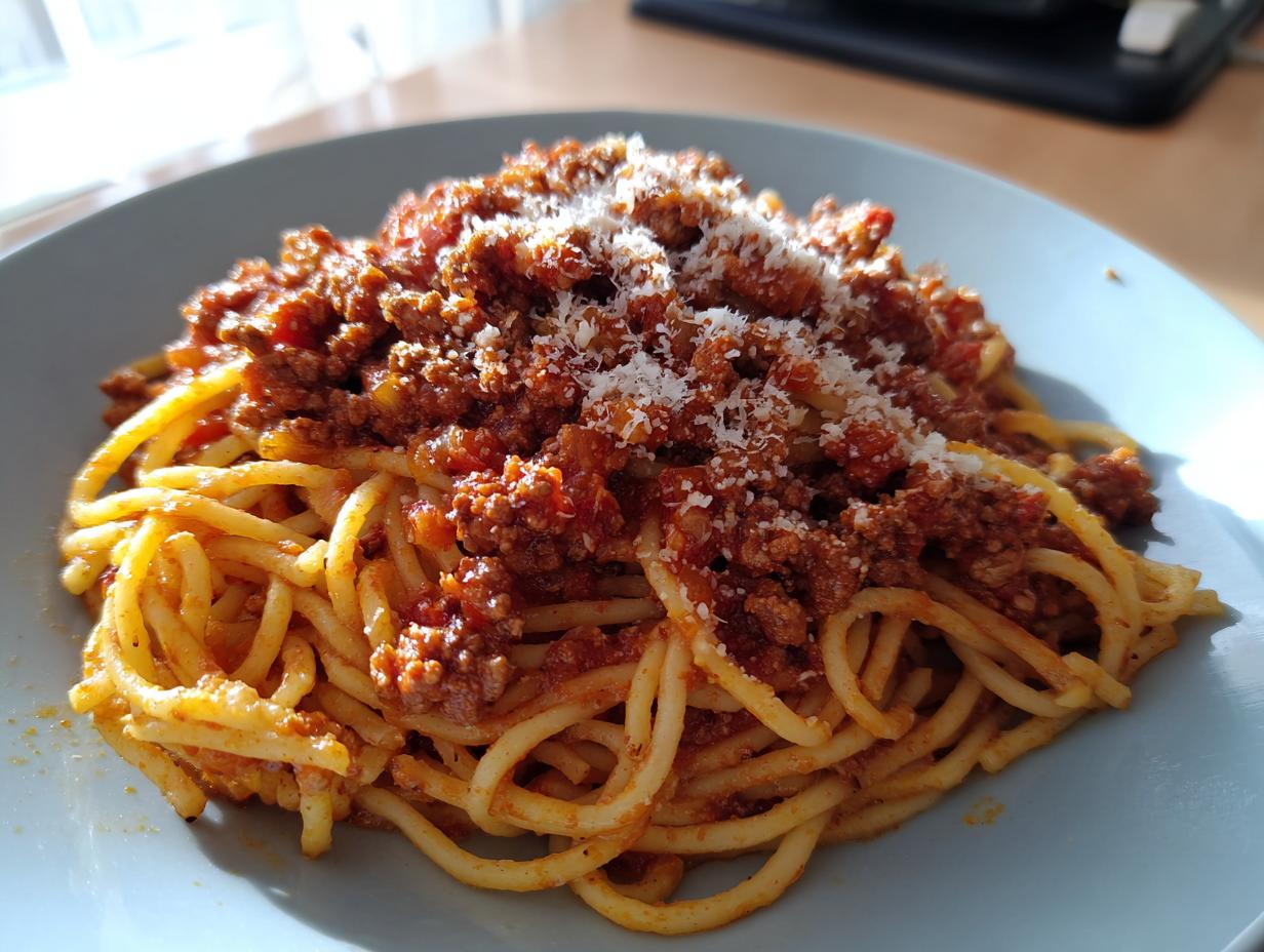 A close-up of a plate piled high with spaghetti Bolognese, topped with grated Parmesan cheese.