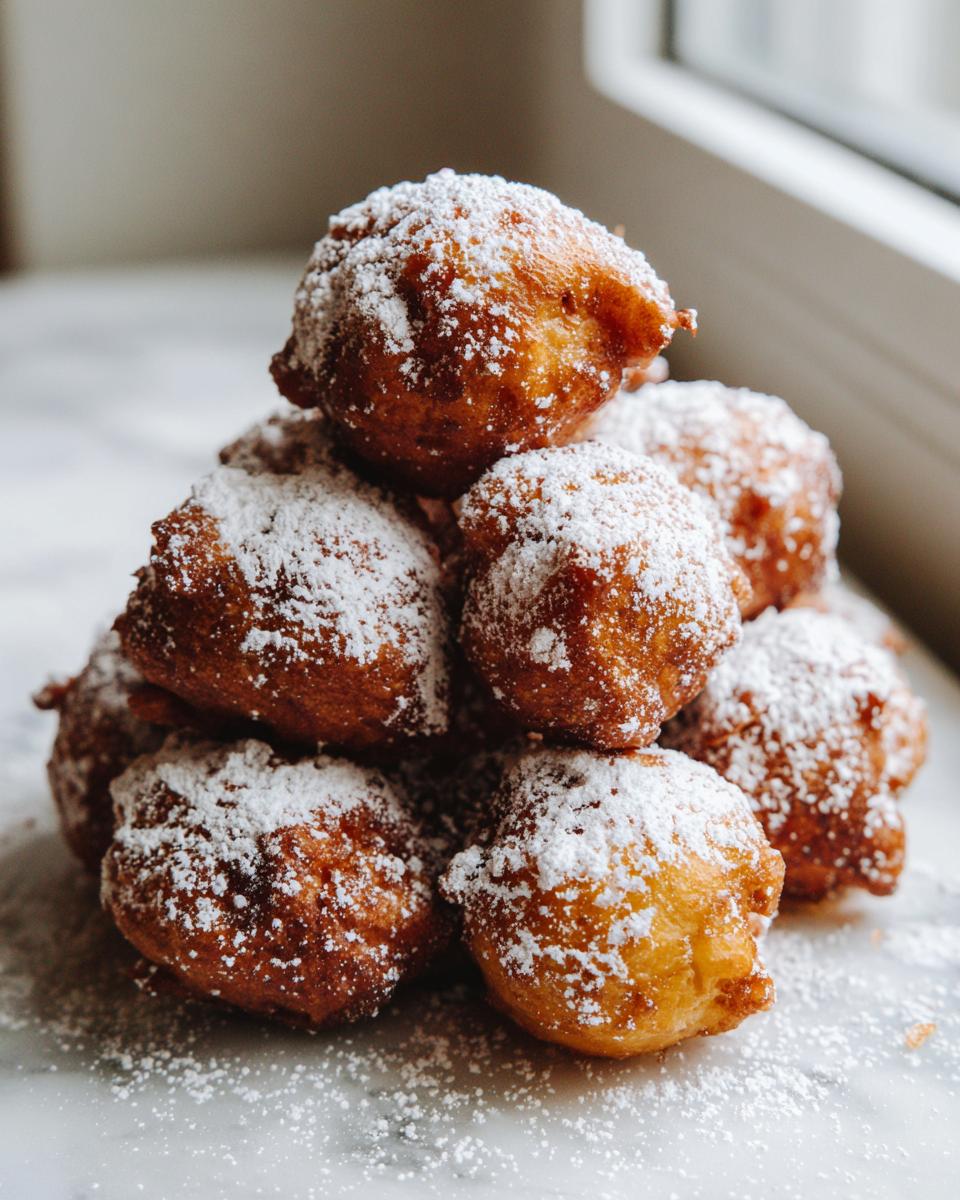 A tempting stack of freshly fried Oliebollen generously dusted with white powdered sugar on a marble surface.