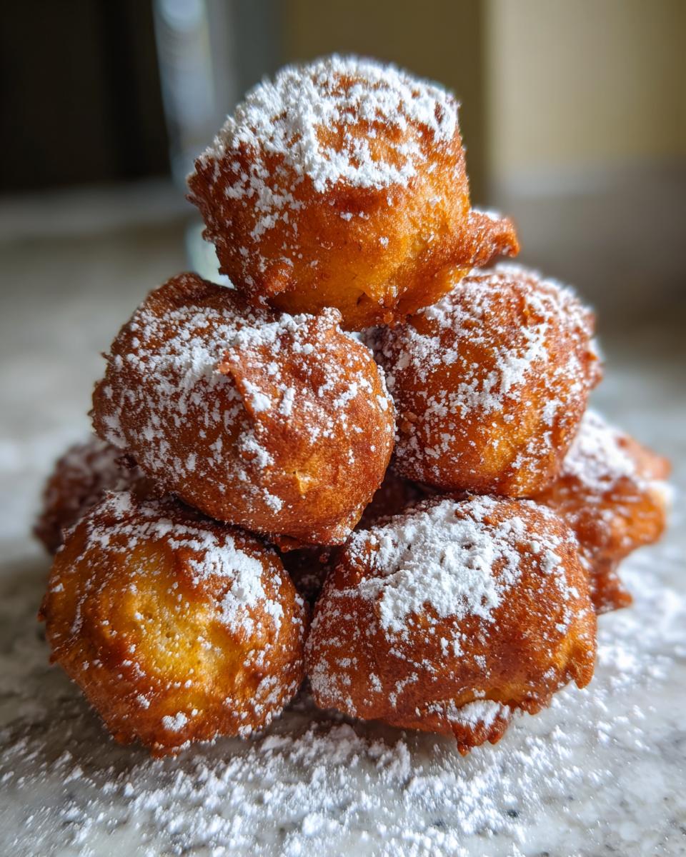A close-up stack of golden-brown Oliebollen generously dusted with white powdered sugar.