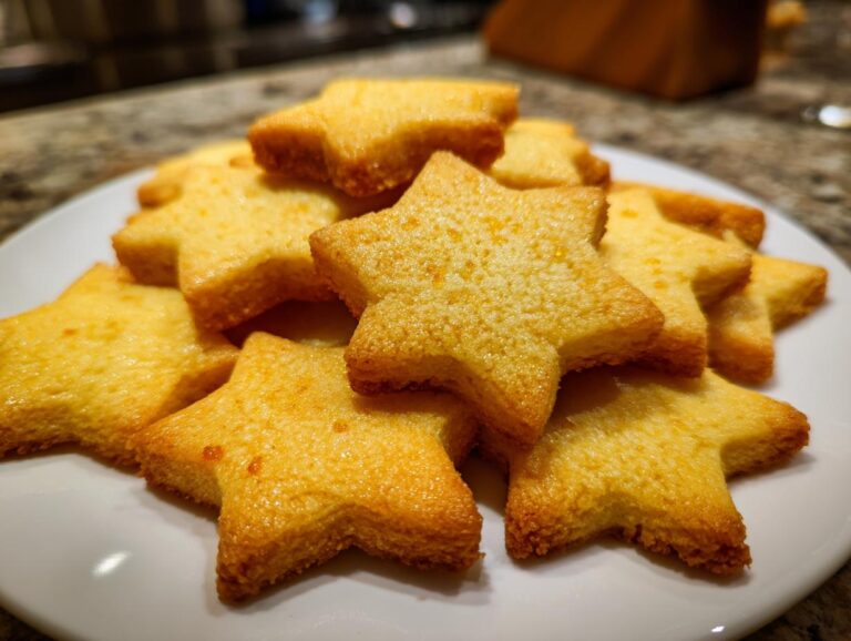 A close-up of a pile of golden star-shaped sugar cookies on a white plate.