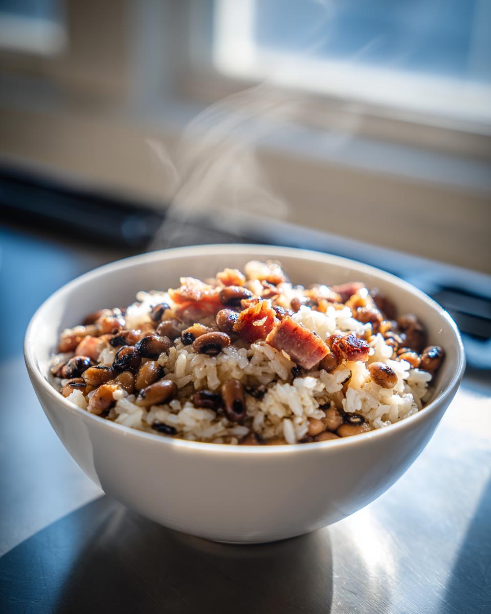 A steaming white bowl filled with Hoppin’ John, featuring black-eyed peas, rice, and chunks of bacon on top.