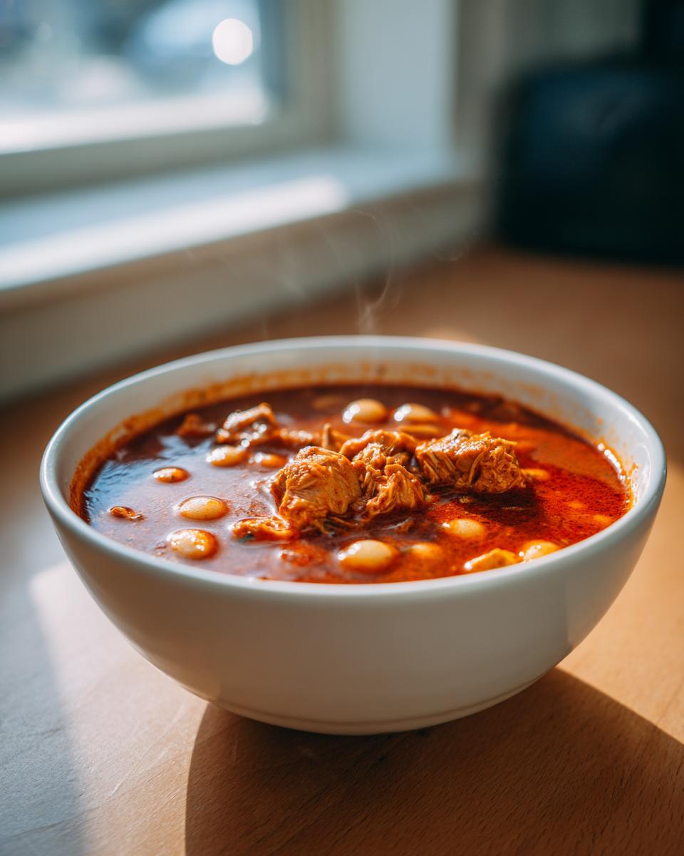 A close-up of a steaming white bowl filled with rich, red Pozole rojo, featuring shredded pork and hominy kernels.