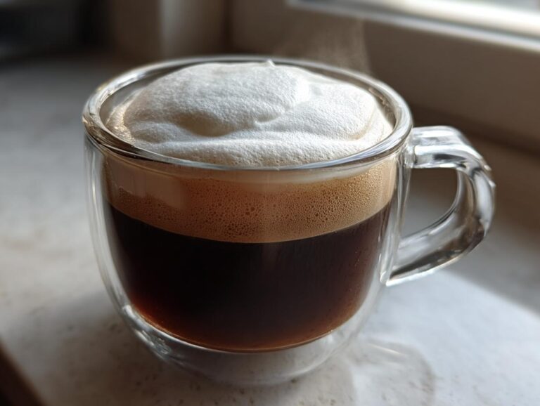 Close-up of a hot Irish Coffee topped with thick, creamy foam in a clear glass mug.