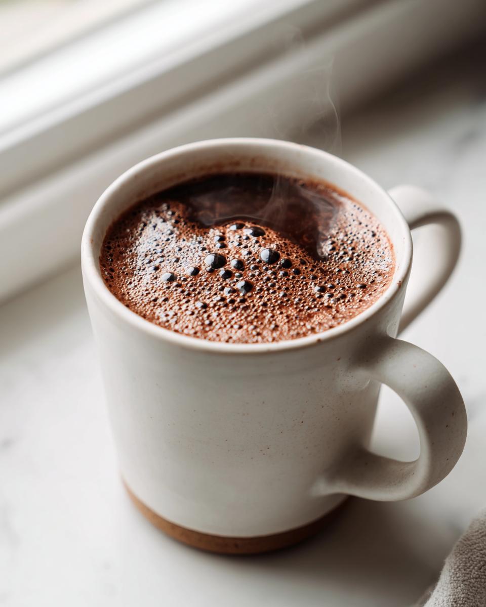 Close-up of a steaming mug filled with thick, frothy Champurrado next to a bright window.