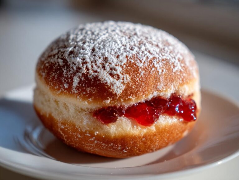 Close-up of a delicious Sufganiyot, a jelly-filled doughnut dusted with powdered sugar.