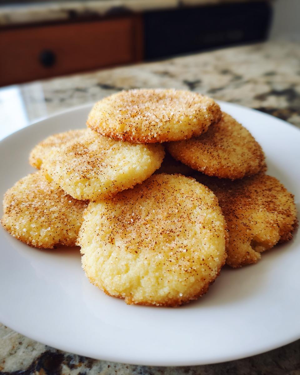 A stack of golden brown sugar cookies coated in cinnamon sugar, presented on a white plate.
