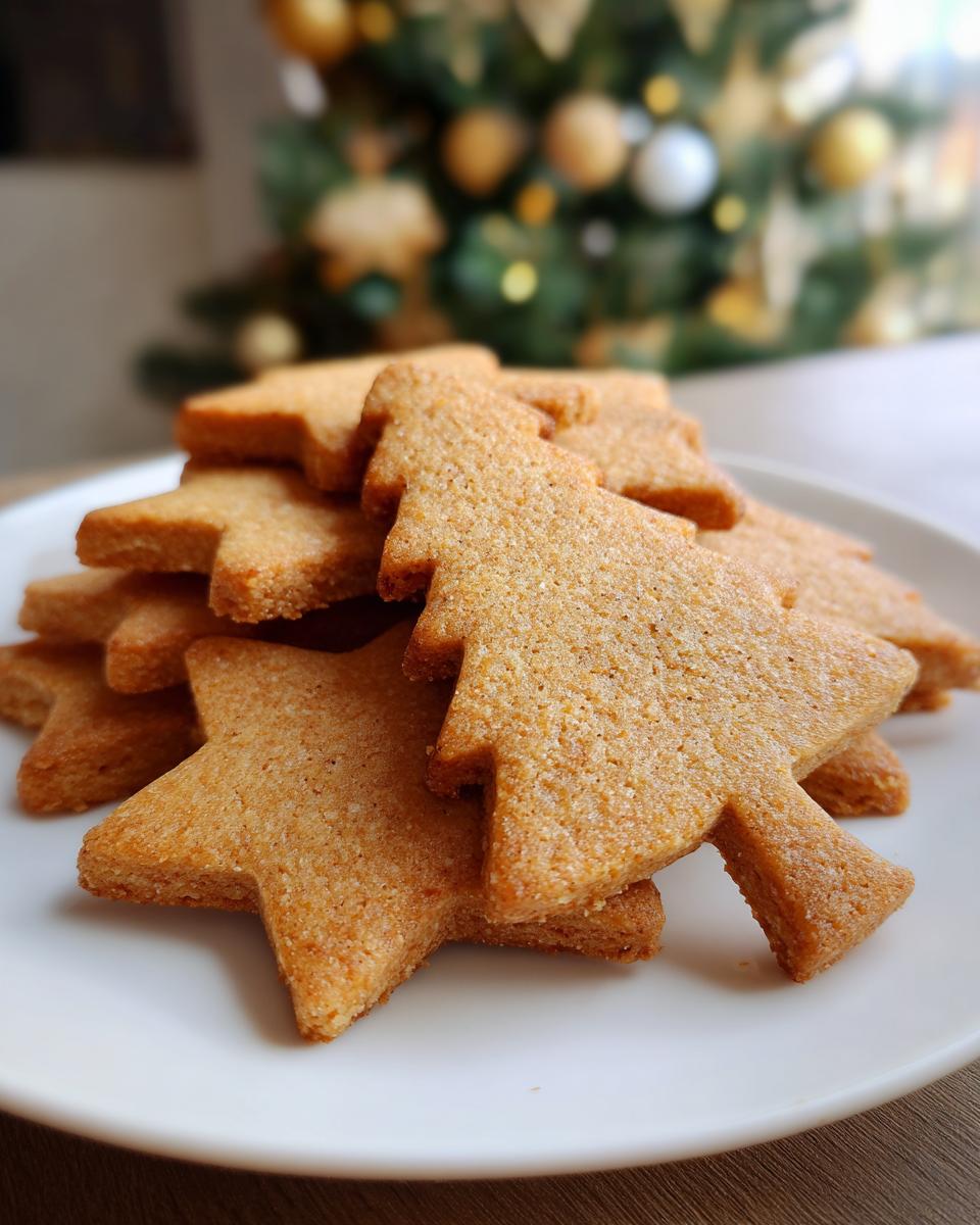 A close-up of a stack of golden brown sugar cookies, shaped like Christmas trees and stars, with a blurred holiday tree in the background.