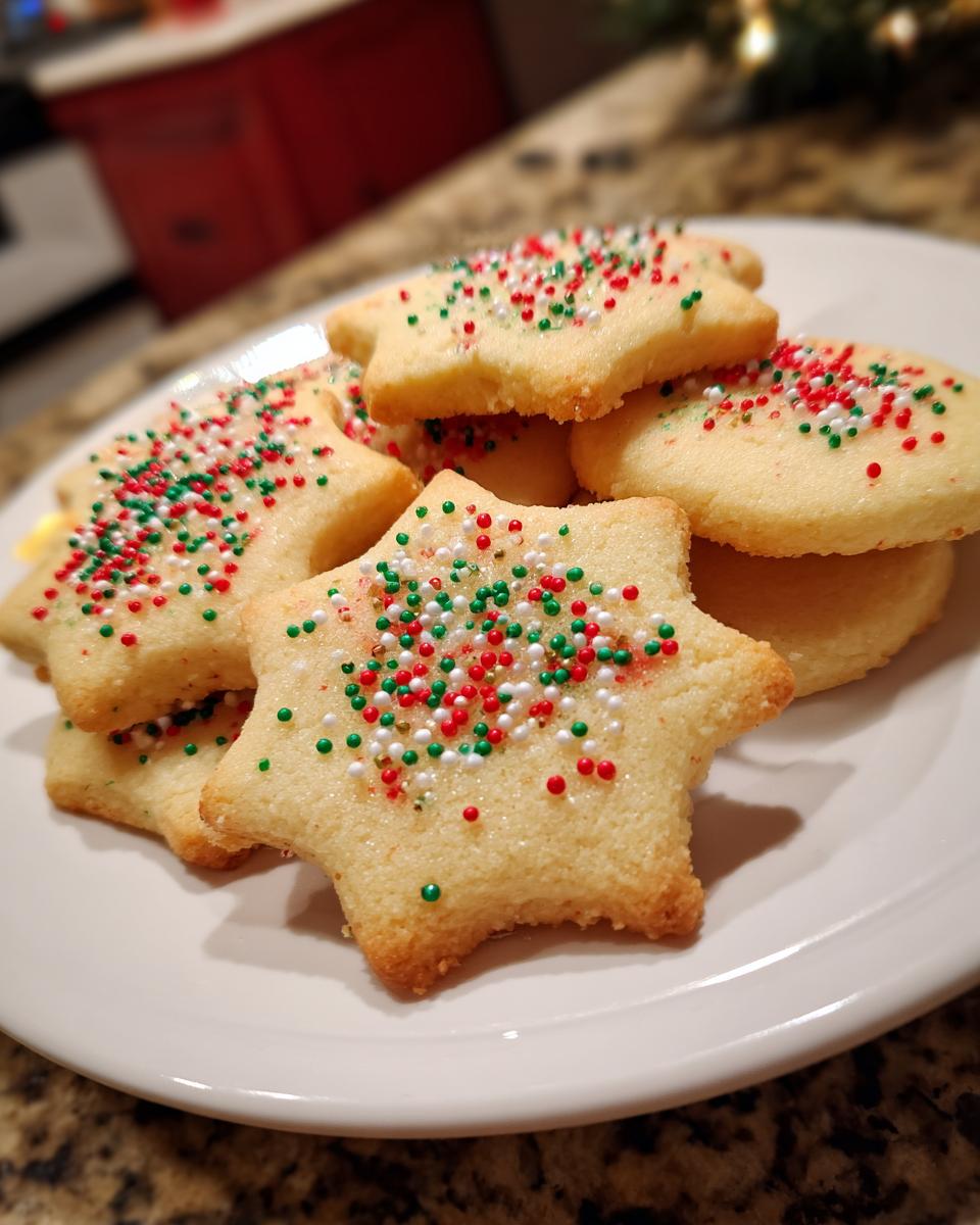 A pile of star-shaped sugar cookies decorated with red, green, and white holiday sprinkles on a white plate.