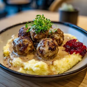 A close-up of tender Swedish meatballs served with creamy sauce, mashed potatoes, and lingonberry jam.