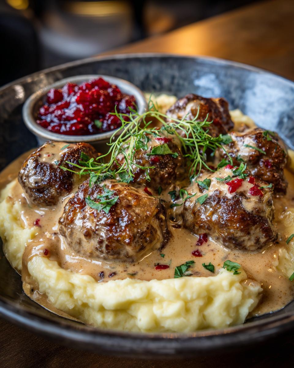 Close-up of tender Swedish meatballs served with creamy sauce, mashed potatoes, and lingonberry jam.