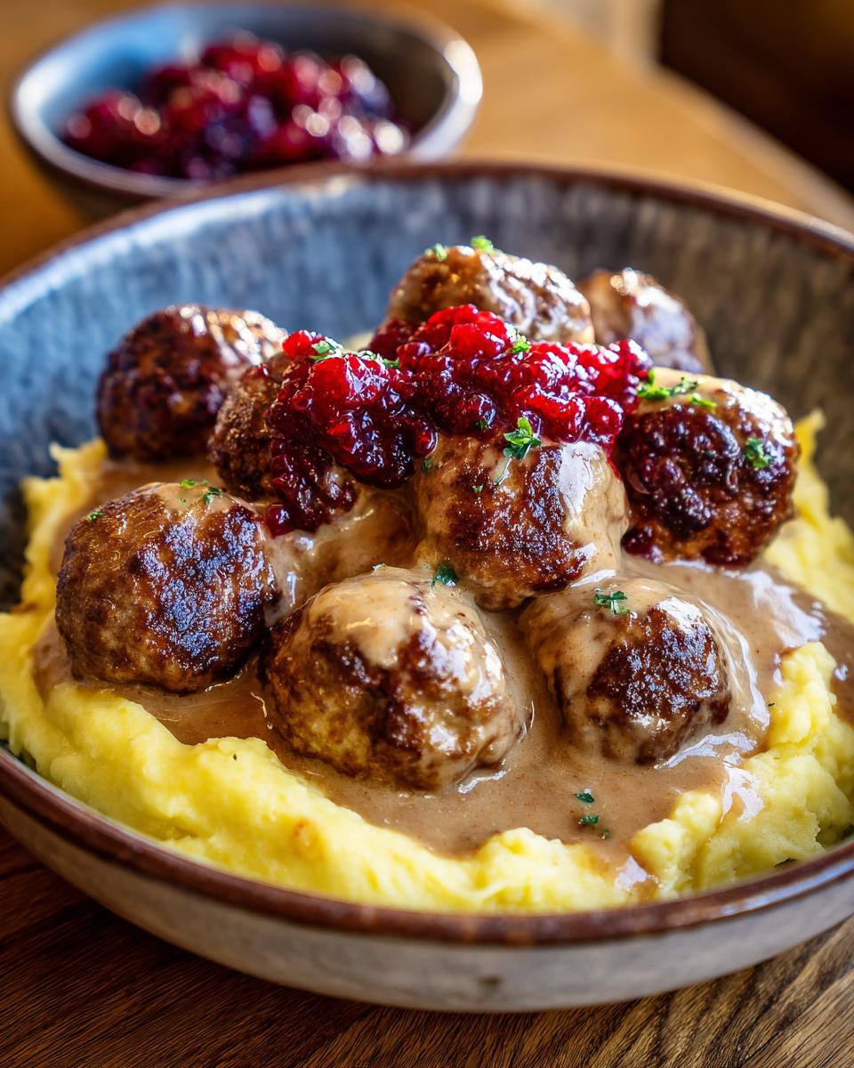 A close-up of tender Swedish meatballs served over creamy mashed potatoes, topped with lingonberry sauce and fresh herbs.