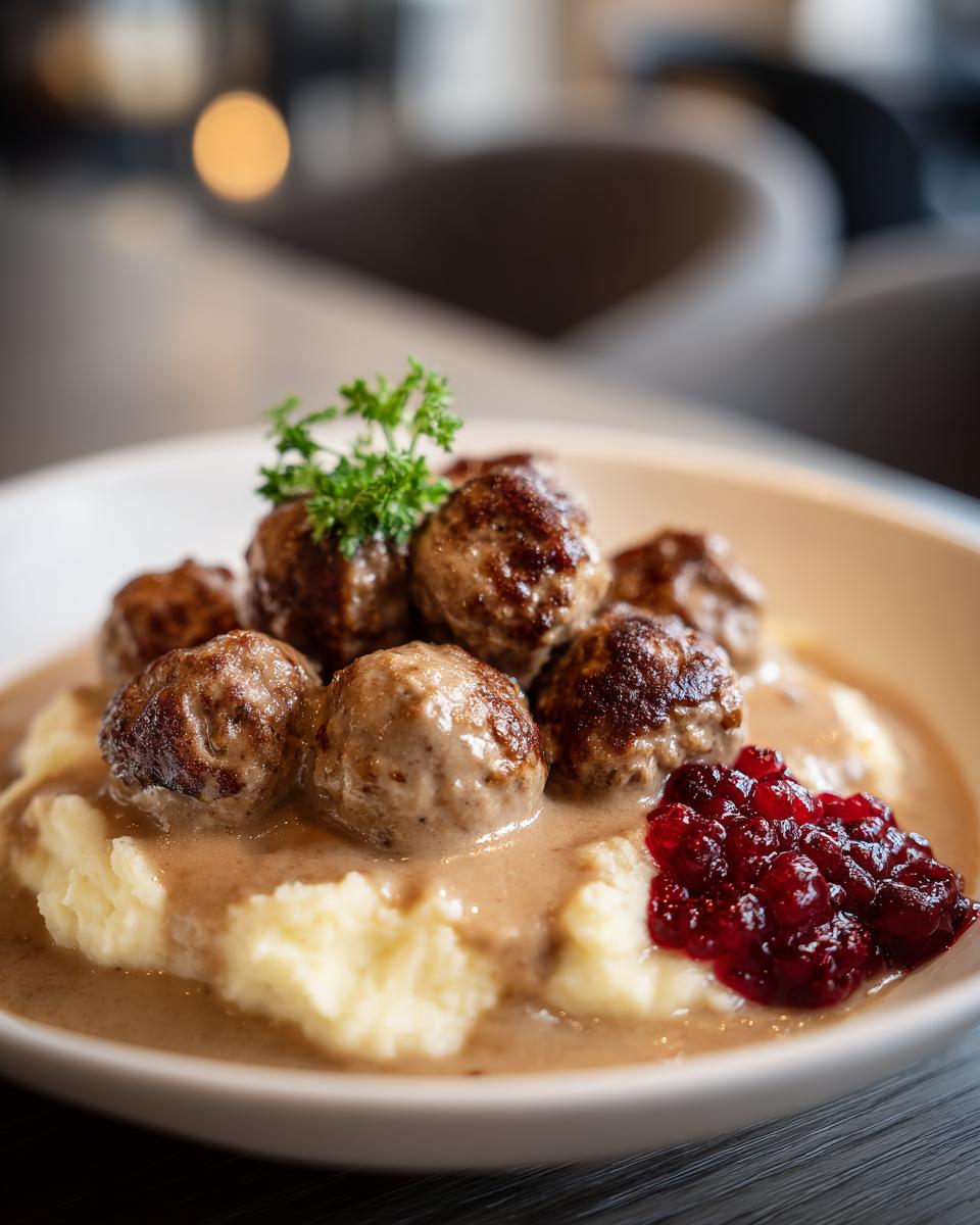 A close-up of tender Swedish meatballs served with creamy mashed potatoes and a dollop of lingonberry jam.