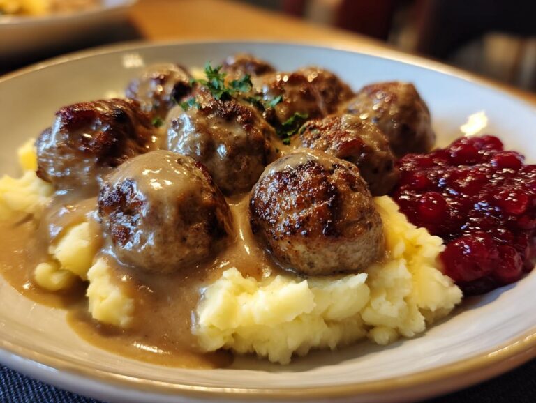 A close-up of delicious Swedish meatballs served over mashed potatoes with a side of lingonberry sauce.