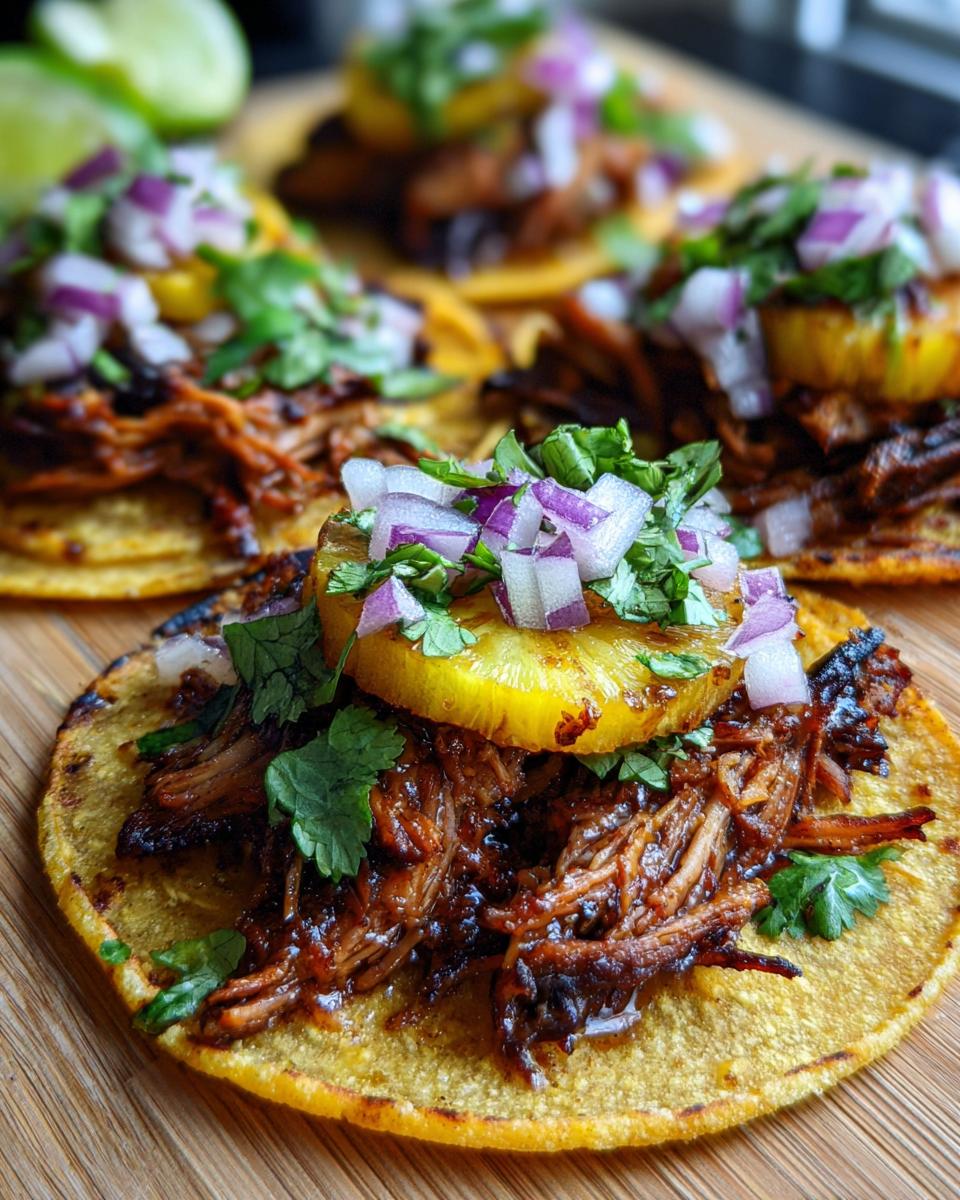 Close-up of delicious Tacos al Pastor on corn tortillas, topped with marinated pork, pineapple, red onion, and cilantro.