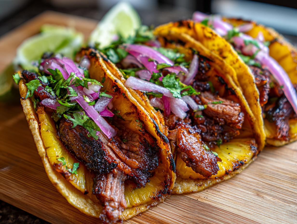 Close-up of three Tacos al Pastor on a wooden board, filled with marinated pork, grilled pineapple, red onion, and cilantro, with lime wedges on the side.