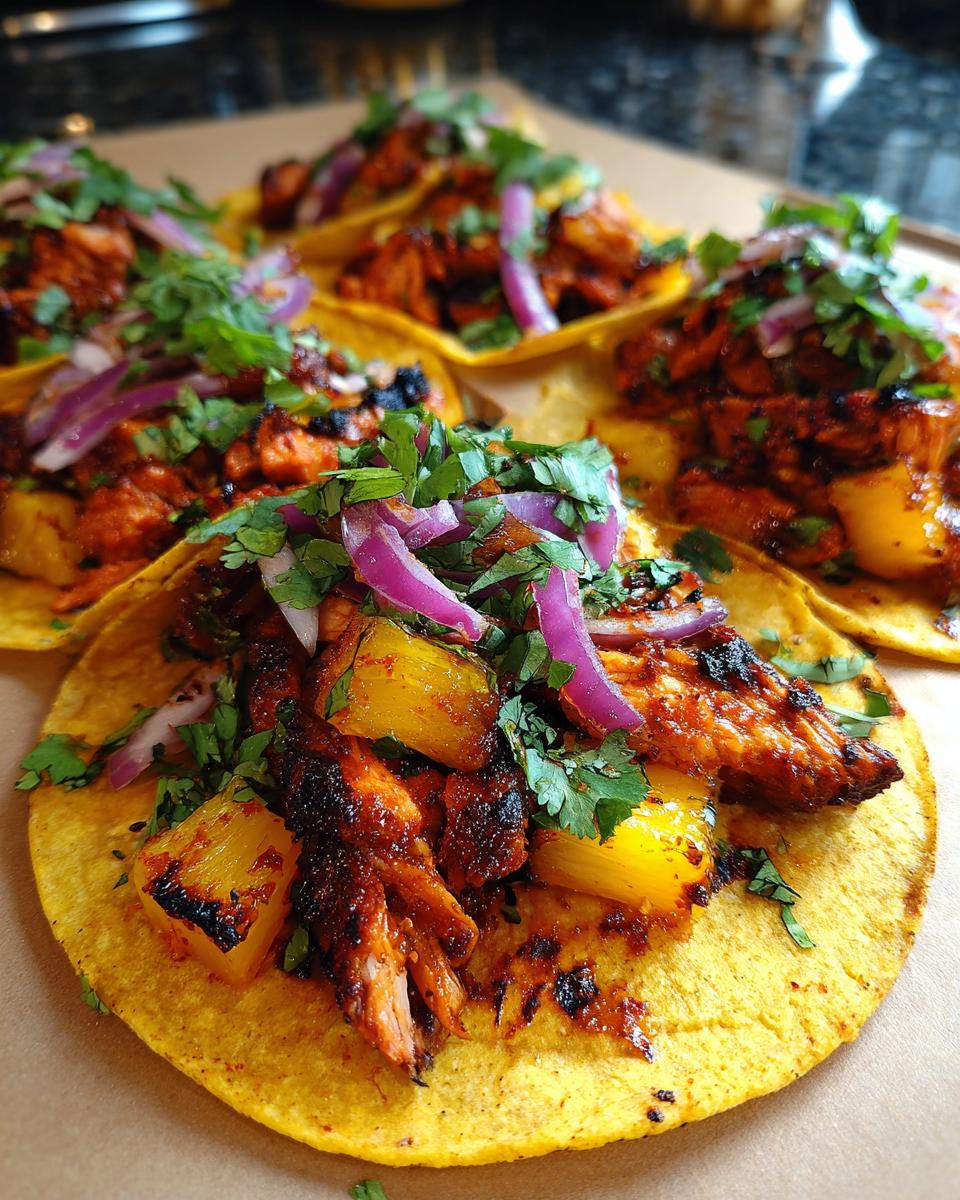 Close-up of Tacos al Pastor on corn tortillas, topped with grilled pineapple, red onion, and cilantro.