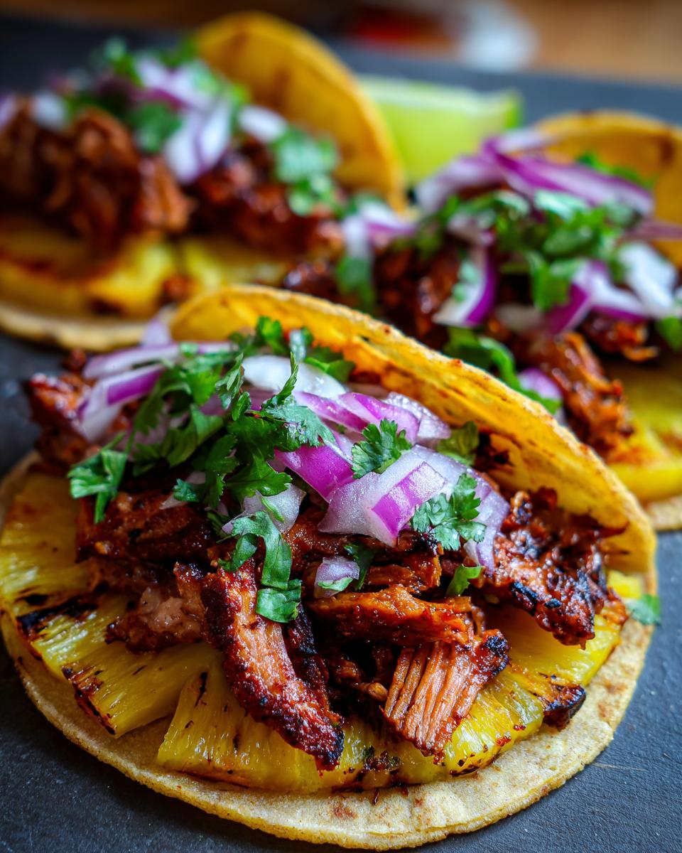 Close-up of three Tacos al Pastor topped with grilled pineapple, red onion, and cilantro.
