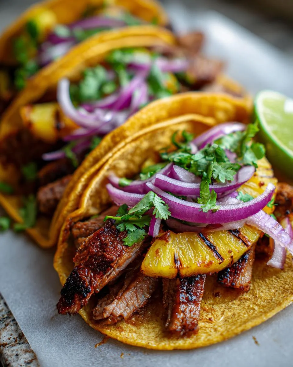 Close-up of three Tacos al Pastor with marinated pork, grilled pineapple, red onion, and cilantro, served with a lime wedge.