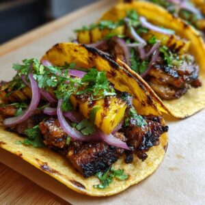 Close-up of authentic Tacos al Pastor filled with marinated pork, grilled pineapple, red onion, and cilantro.