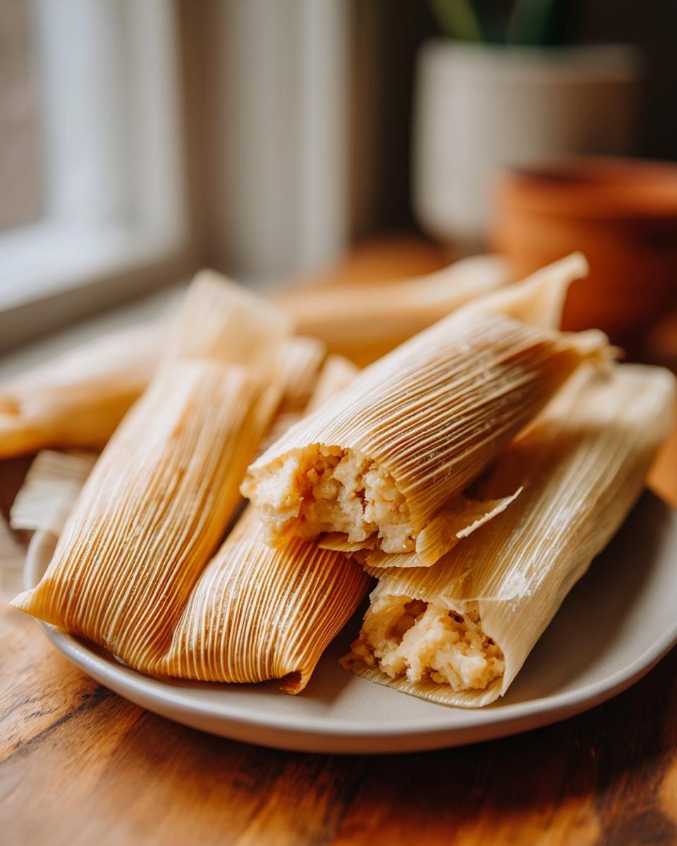 A close-up of several tamales wrapped in corn husks, with one partially unwrapped to reveal the filling.