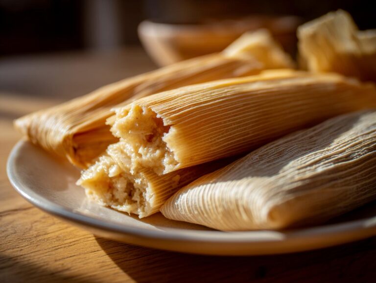 A close-up of several tamales wrapped in corn husks, with one partially opened to reveal the masa filling.