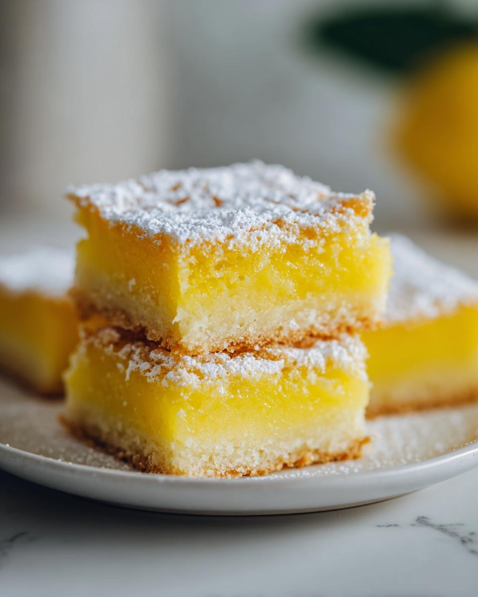 Close-up of stacked lemon bars dusted with powdered sugar on a white plate.