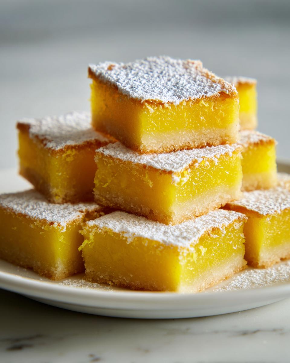 A stack of bright yellow lemon bars dusted with powdered sugar on a white plate.