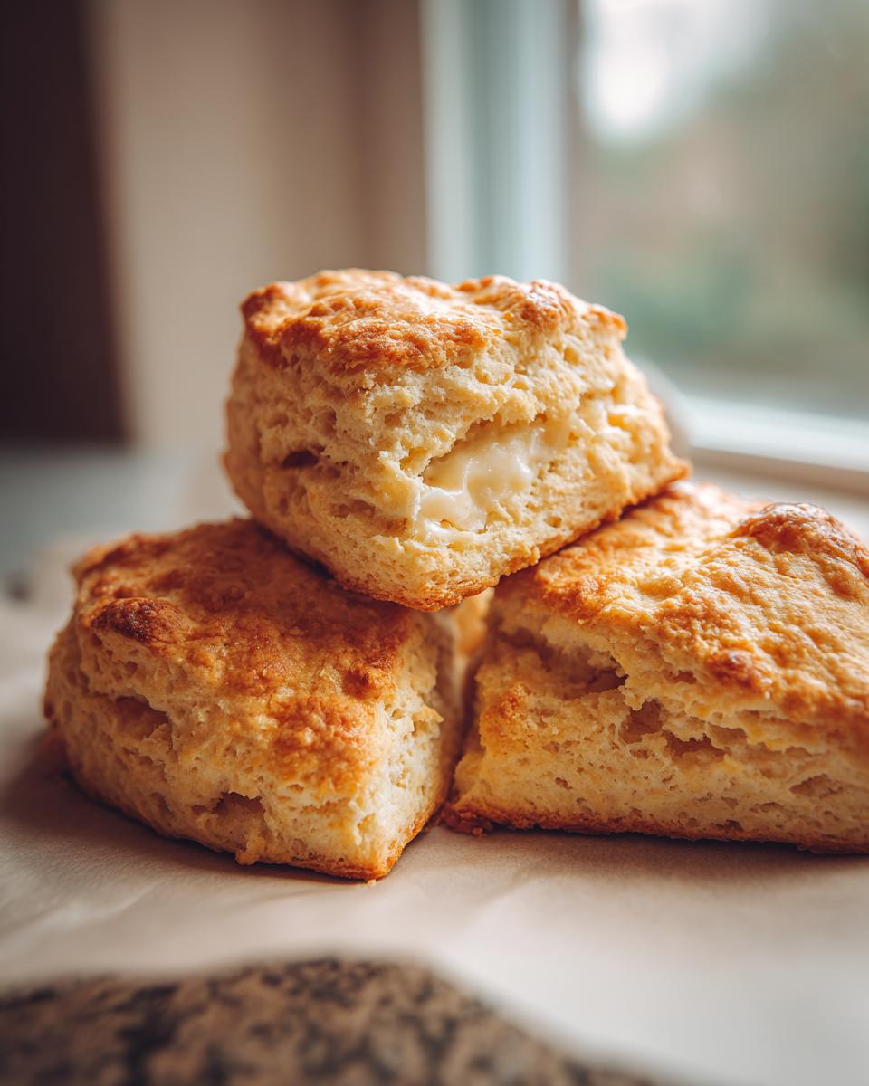 Close-up of three tender, buttery scones stacked, with a dollop of butter melting in the center of the top scone.