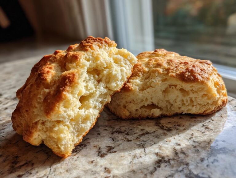 Close-up of two tender, buttery scones, one split open to reveal a fluffy interior.