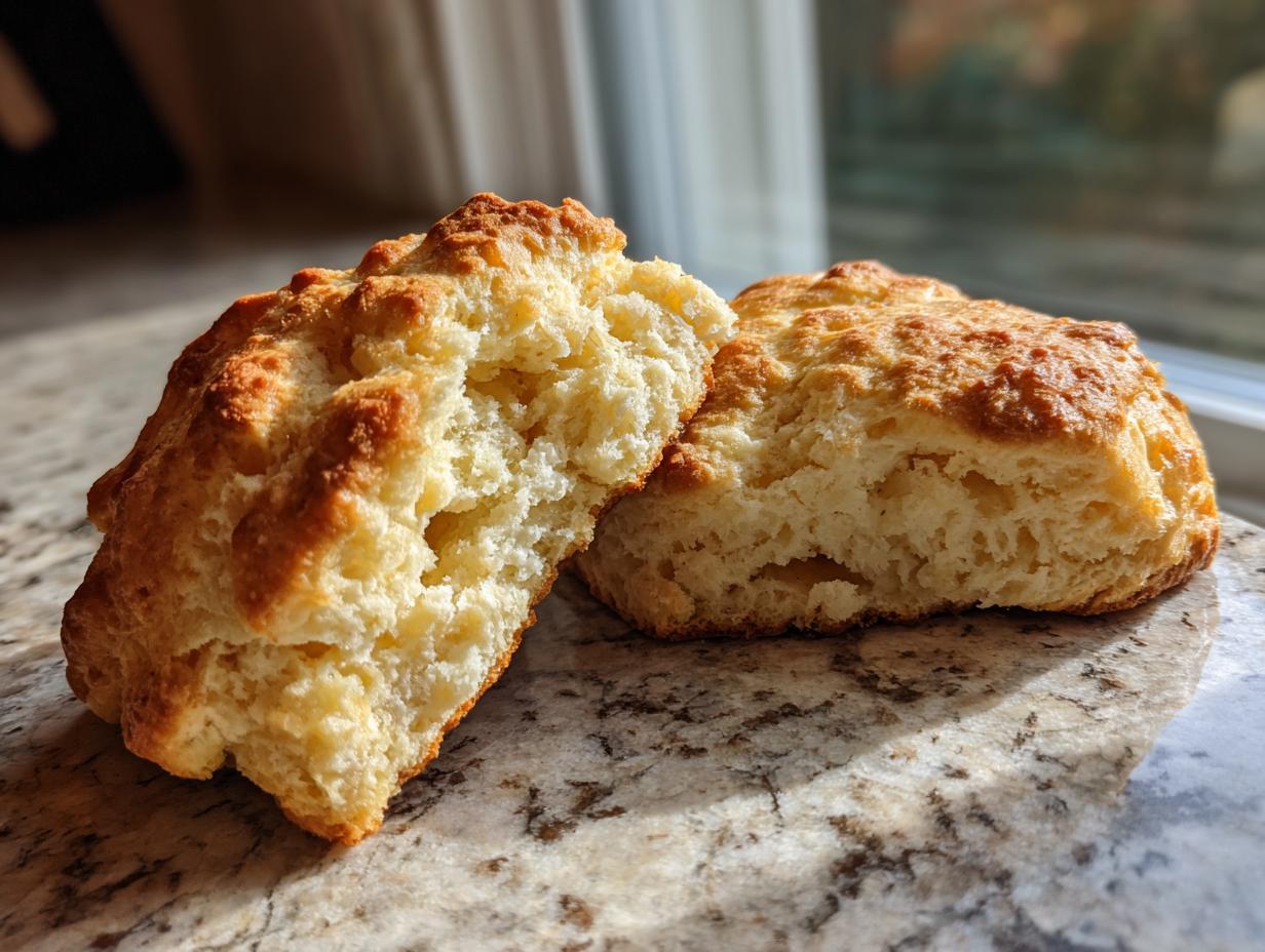 Close-up of two tender, buttery scones, one split open to reveal a fluffy interior.