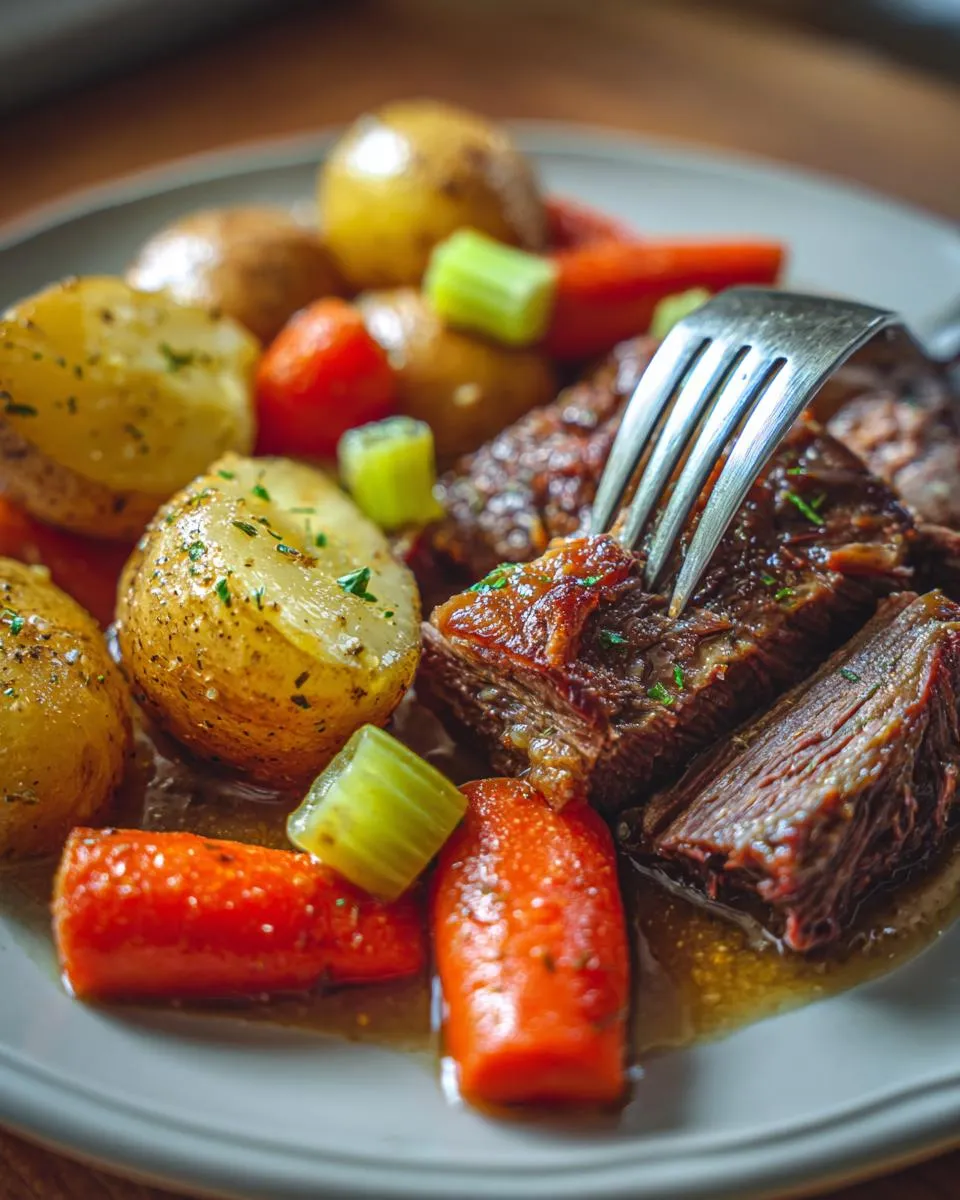 A fork is piercing a slice of tender pot roast served with baby potatoes, carrots, and celery in a rich gravy.