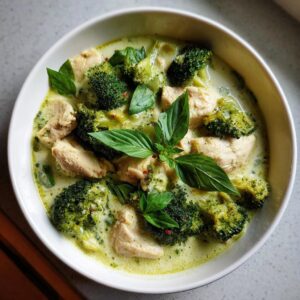 A close-up overhead view of a bowl of Thai green curry with tender chicken pieces and vibrant broccoli florets, garnished with fresh basil leaves.