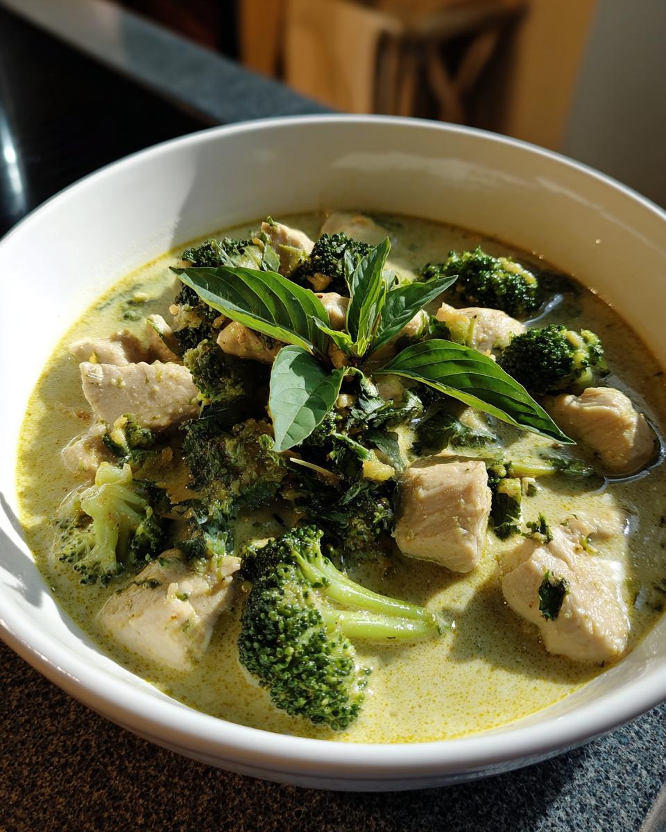 A close-up of a white bowl filled with flavorful Thai green curry, featuring tender chicken pieces, vibrant broccoli florets, and fresh basil leaves.