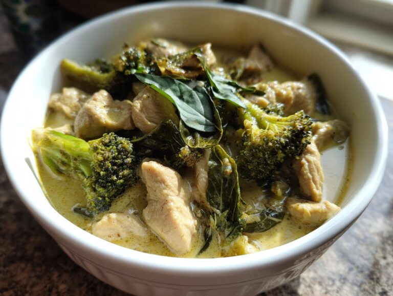 A close-up of a white bowl filled with vibrant Thai green curry, featuring tender chicken pieces, bright green broccoli florets, and fresh basil leaves.