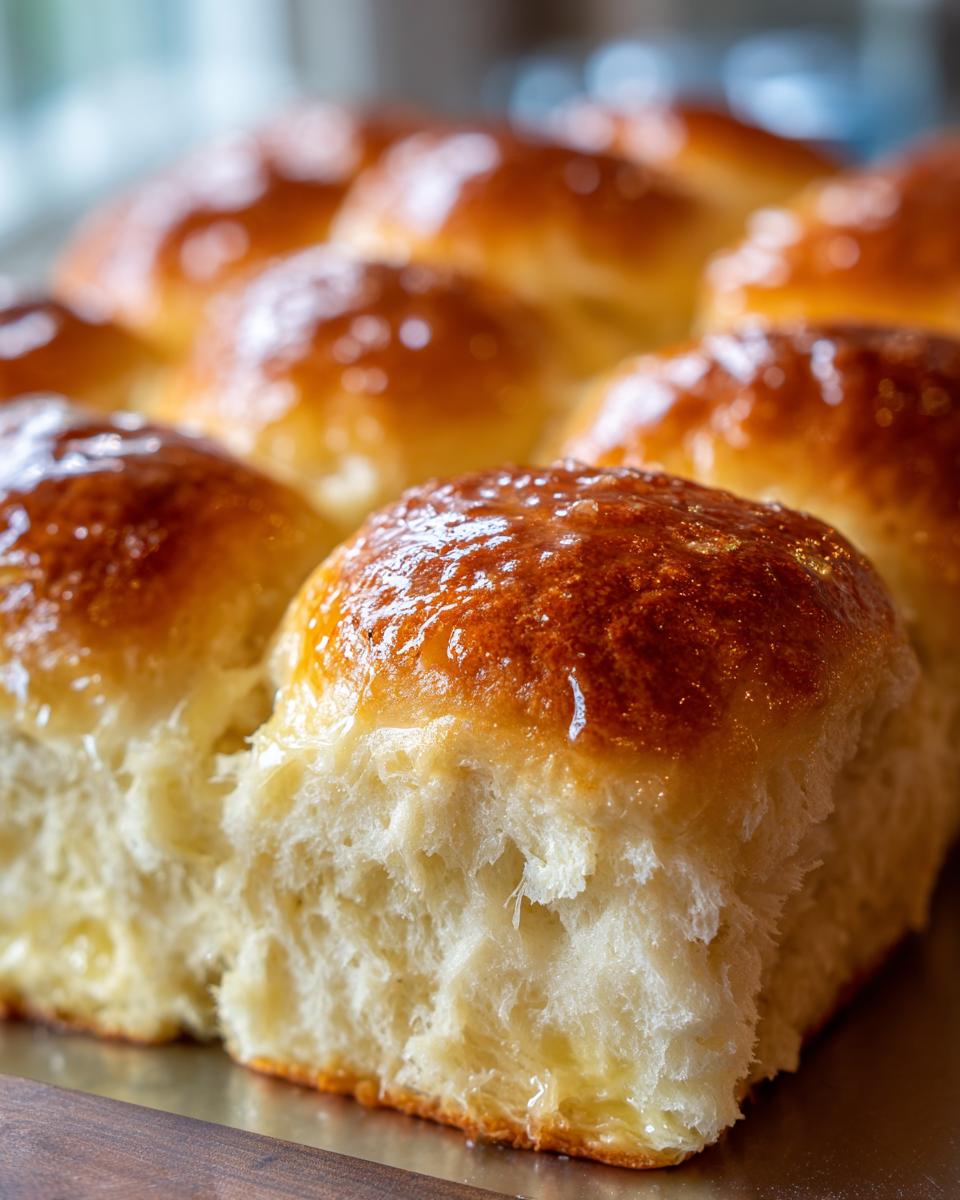 Close-up of fluffy, golden brown Thanksgiving dinner rolls with a shiny glaze.