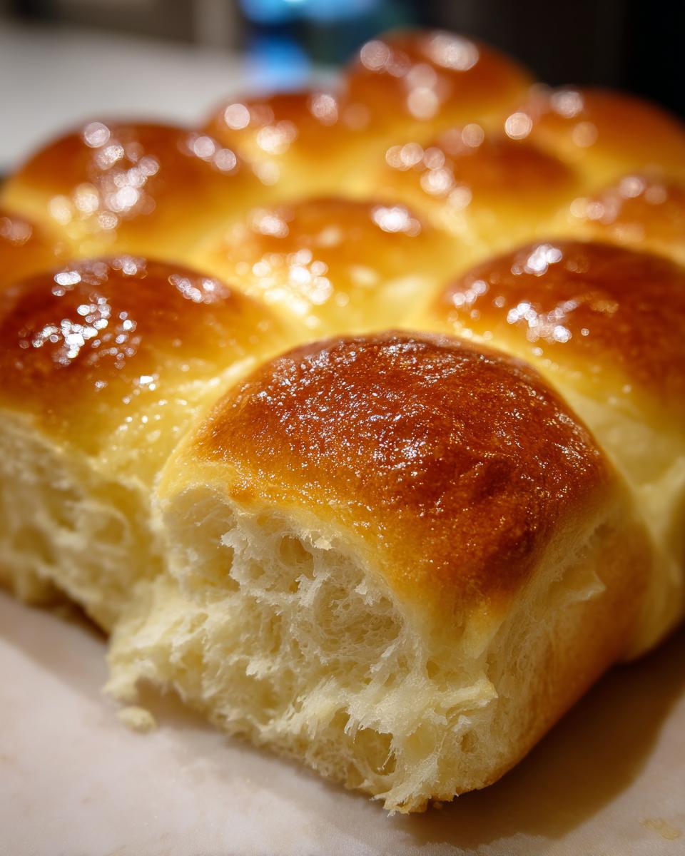 Close-up of fluffy, golden brown Thanksgiving dinner rolls with a glossy sheen.