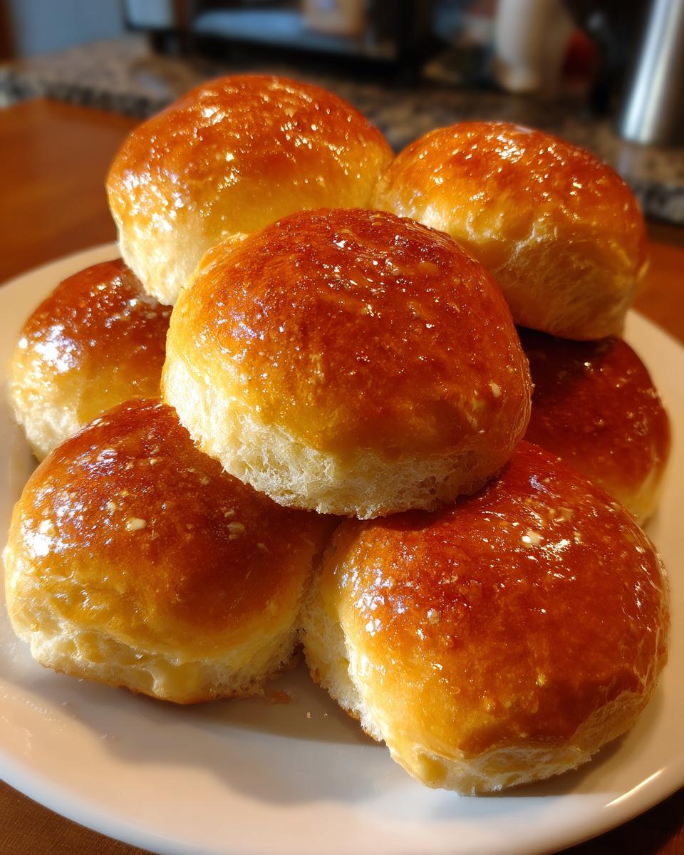 A close-up of a stack of golden brown, fluffy Thanksgiving dinner rolls on a white plate.