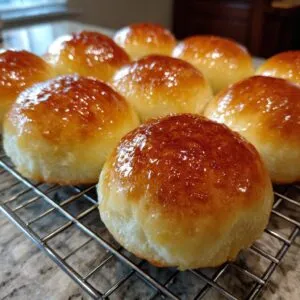 A close-up of freshly baked, golden brown Thanksgiving dinner rolls with a glossy sheen, cooling on a wire rack.