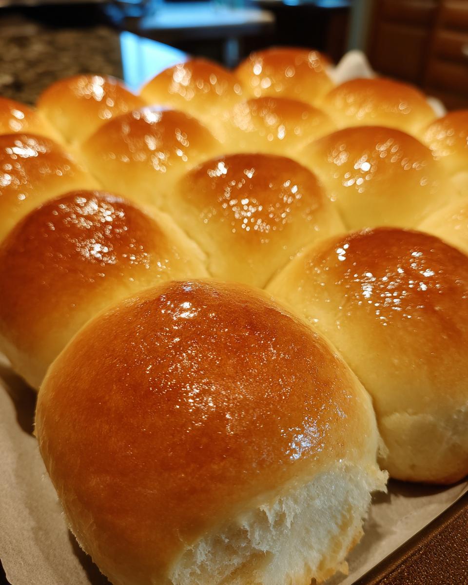 Close-up of a tray of freshly baked, golden brown Thanksgiving dinner rolls with a glossy sheen.