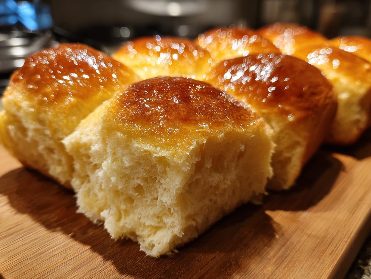 Close-up of fluffy, golden brown Thanksgiving dinner rolls with a shiny glaze on a wooden board.