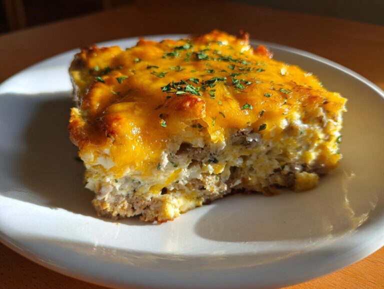 A square serving of Thanksgiving leftover casserole topped with melted cheddar cheese and parsley on a white plate.