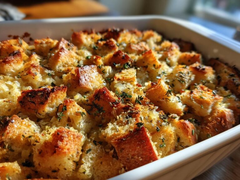 Close-up of a white baking dish filled with golden brown, crusty Thanksgiving stuffing, sprinkled with herbs.