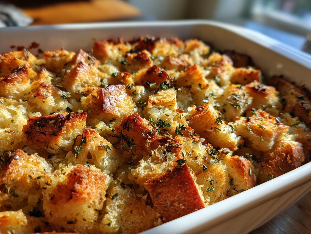 Close-up of a white baking dish filled with golden brown, crusty Thanksgiving stuffing, sprinkled with herbs.