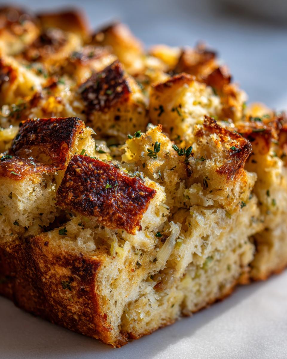 Close-up of a golden-brown Thanksgiving stuffing made with bread cubes, herbs, and onions.