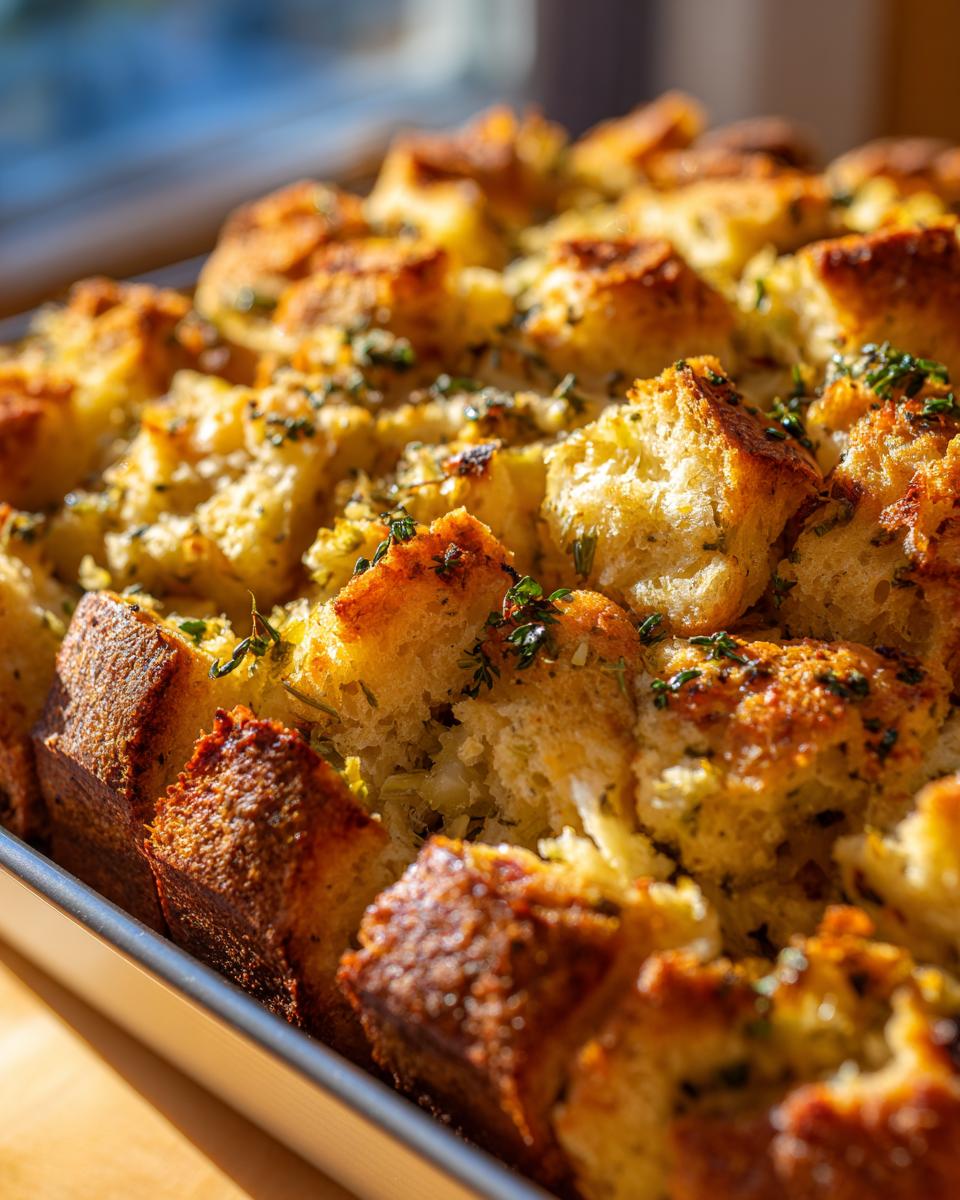 Close-up of golden brown, herb-flecked Thanksgiving stuffing in a baking dish, ready to serve.