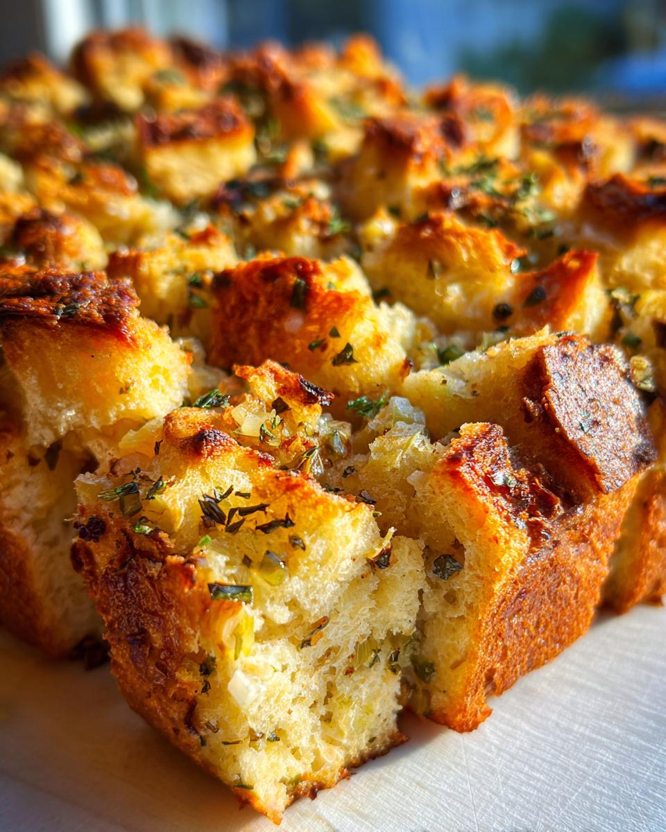 Close-up of golden brown Thanksgiving stuffing, made with bread cubes and herbs, ready to serve.