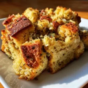 A close-up of a serving of golden brown Thanksgiving stuffing with herbs and visible bread cubes.