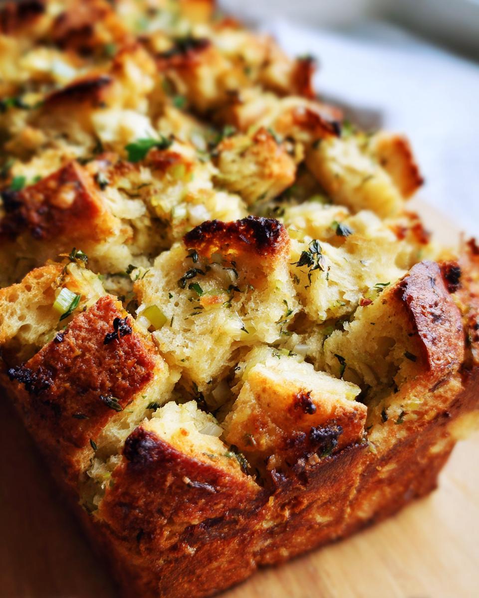Close-up of a golden brown loaf of Thanksgiving stuffing, with visible bread cubes, herbs, and vegetables.